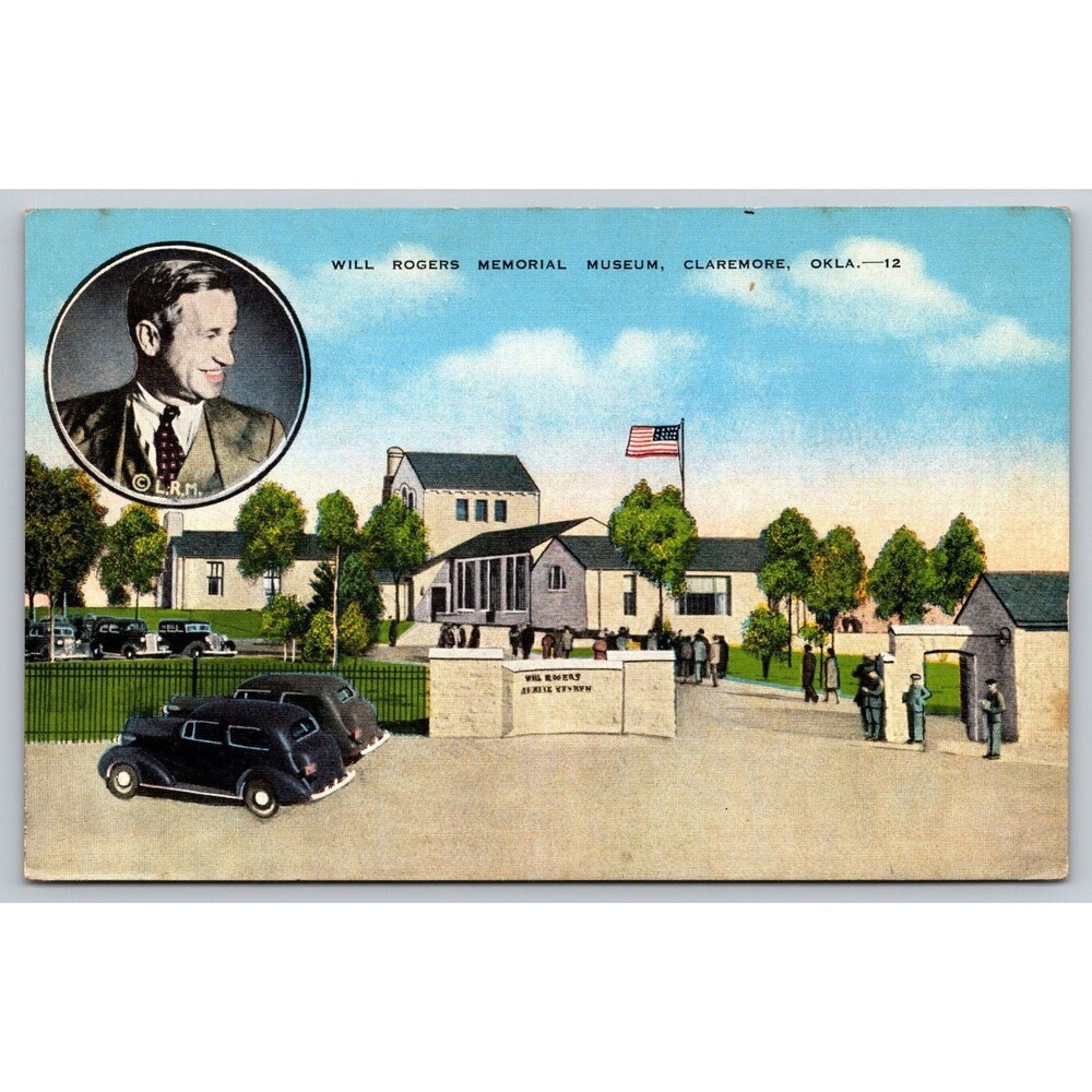 Postcard Oklahoma Claremore Will Rogers Memorial Museum Old Cars Flag Linen 1940